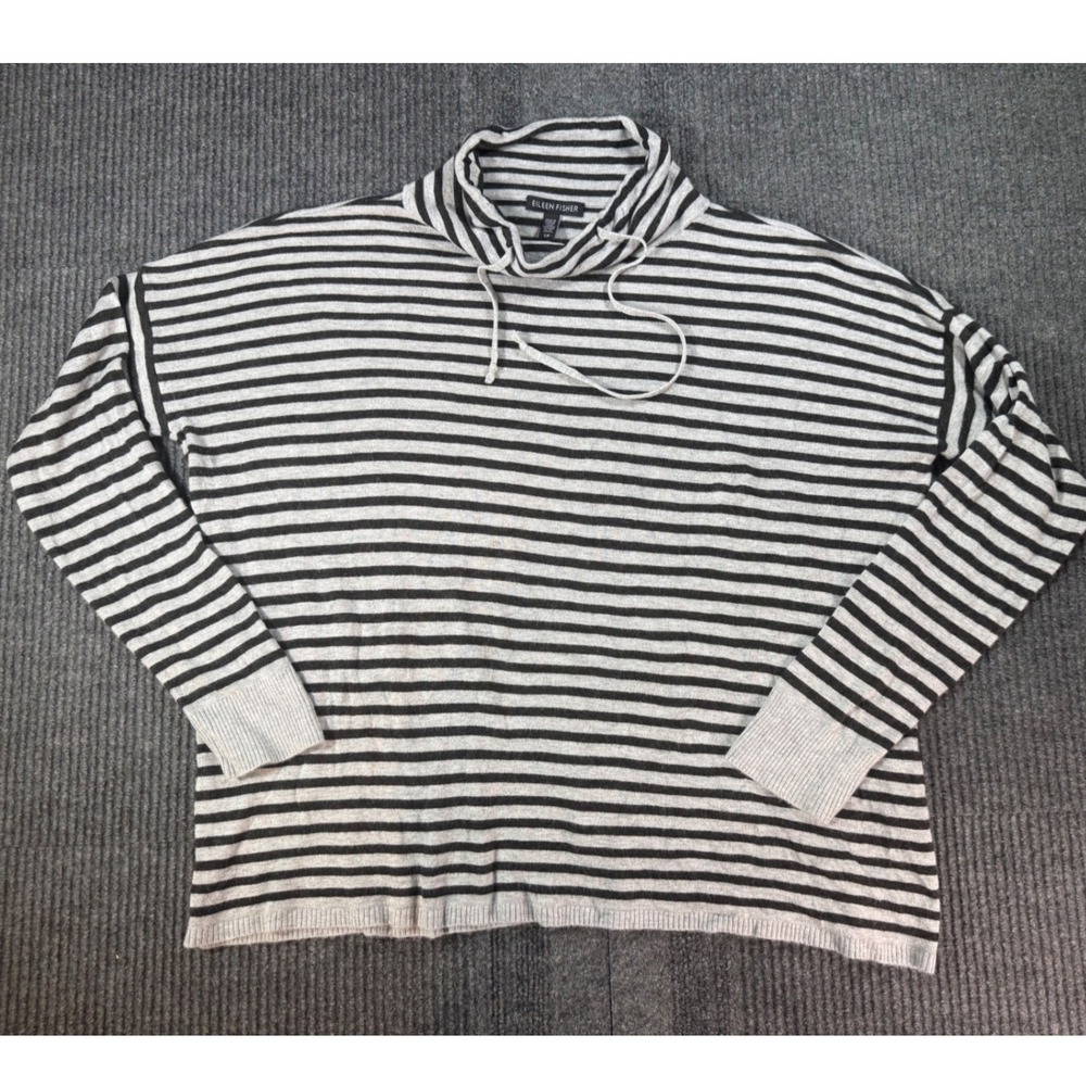 Eileen Fisher Womens Striped Cowl Neck Drawstring Sweater Grey Black Size SP